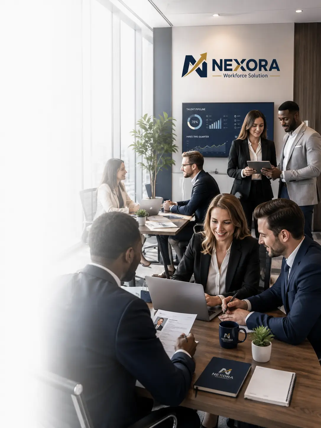 Diverse team of Nexora professionals collaborating in a modern workspace